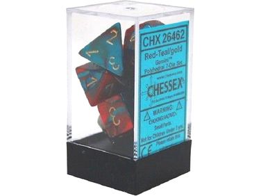 Dice Chessex Dice - Gemini Red-Teal with Gold - Set of 7 - CHX 26462 - Cardboard Memories Inc.