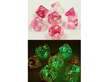 Dice Chessex Dice - Lab Dice - Heavy 7-Die Set - Clear-Pink White Luminary - Cardboard Memories Inc.