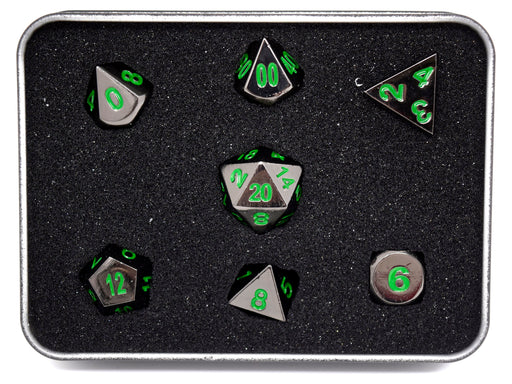 Dice Die Hard Dice - RPG Metal Sinister Chrome with Green - Set of 7 - Cardboard Memories Inc.