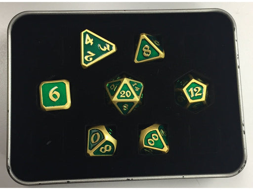 Dice Die Hard Dice - Metal Mythica Satin Gold Emerald - Set of 7 - Cardboard Memories Inc.