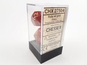 Dice Chessex Dice - Glitter Ruby Red with Gold - Set of 7 - CHX 27504 - Cardboard Memories Inc.