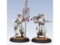 Collectible Miniature Games Privateer Press - Warmachine - Retribution of Scyrah - Dawnguard Invictor Officer and Standard Bearer - PIP 35027 - Cardboard Memories Inc.