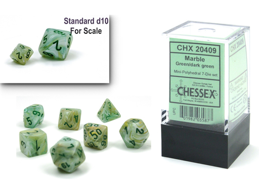 Dice Chessex Dice - Mini Marble Green with Dark Green - Set of 7 - CHX 20409 - Cardboard Memories Inc.