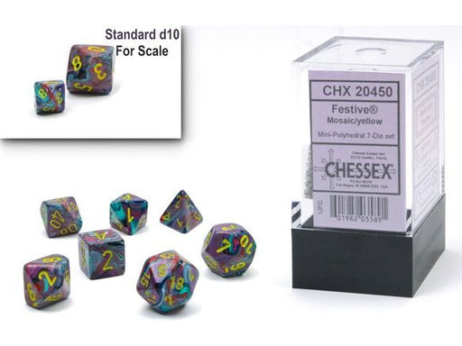 Dice Chessex Dice - Mini Festive Mosaic with Yellow - Set of 7 - CHX 20450 - Cardboard Memories Inc.