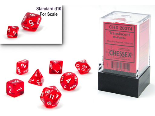 Dice Chessex Dice - Mini Translucent Red with White - Set of 7 - CHX 20374 - Cardboard Memories Inc.