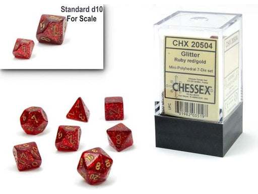 Dice Chessex Dice - Mini Glitter Ruby with Gold - Set of 7 - CHX 20504 - Cardboard Memories Inc.