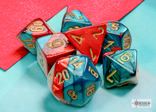 Dice Chessex Dice - Mini Gemini Red-Teal with Gold - Set of 7 - CHX 20662 - Cardboard Memories Inc.