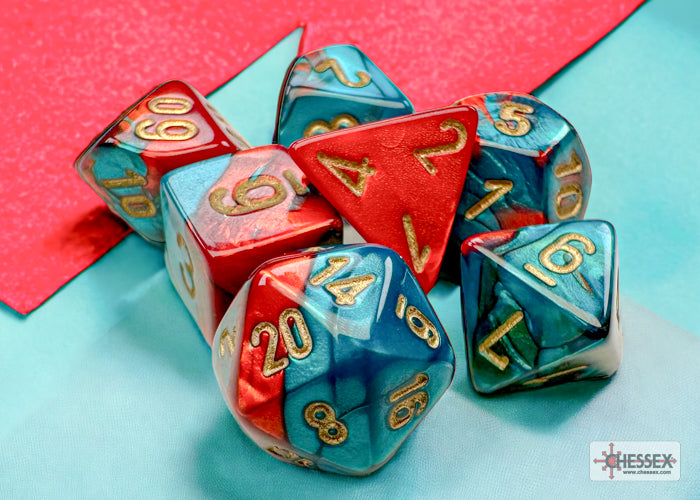 Dice Chessex Dice - Mini Gemini Red-Teal with Gold - Set of 7 - CHX 20662 - Cardboard Memories Inc.