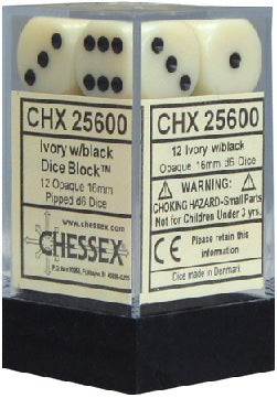 Dice Chessex Dice - Opaque Ivory with Black - Set of 12 D6 - CHX 25600 - Cardboard Memories Inc.