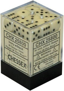 Dice Chessex Dice - Opaque Ivory with Black - Set of 36 D6 - CHX 25800 - Cardboard Memories Inc.