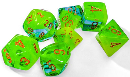 Dice Chessex Dice - Luminary Gemini Plasma Green-Teal with Orange - Set of 7 - CHX 26470 - Cardboard Memories Inc.