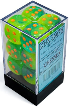 Dice Chessex Dice - Luminary Gemini Plasma Green-Teal with Orange - Set of 12 D6 - CHX 26670 - Cardboard Memories Inc.