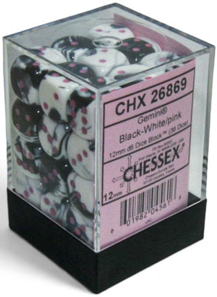 Dice Chessex Dice - Gemini Black-White with Pink - Set of 36 D6 - CHX 26869 - Cardboard Memories Inc.