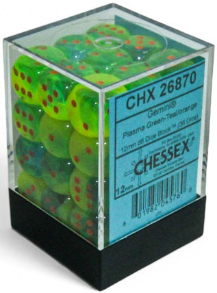 Dice Chessex Dice - Luminary Gemini Plasma Green-Teal with Orange - Set of 36 D6 - CHX 26870 - Cardboard Memories Inc.
