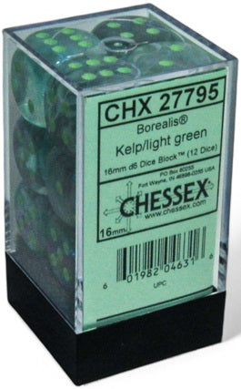 Dice Chessex Dice - Luminary Borealis Kelp with Light Green - Set of 12 D6 - CHX 27795 - Cardboard Memories Inc.