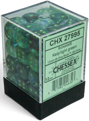 Dice Chessex Dice - Luminary Borealis Kelp with Light Green - Set of 36 D6 - CHX 27995 - Cardboard Memories Inc.