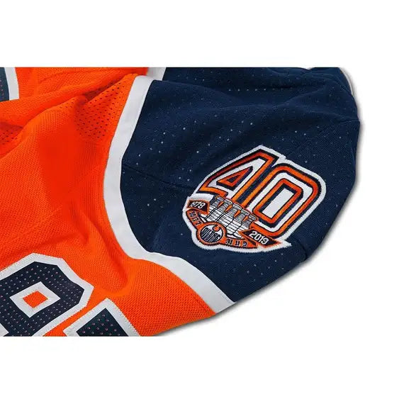 Collectible Merchandise Upper Deck Authenticated - Connor McDavid Autographed & Inscribed Edmonton Oilers Authentic Orange Jersey with 40th Anniversary Shoulder Patch - Cardboard Memories Inc.