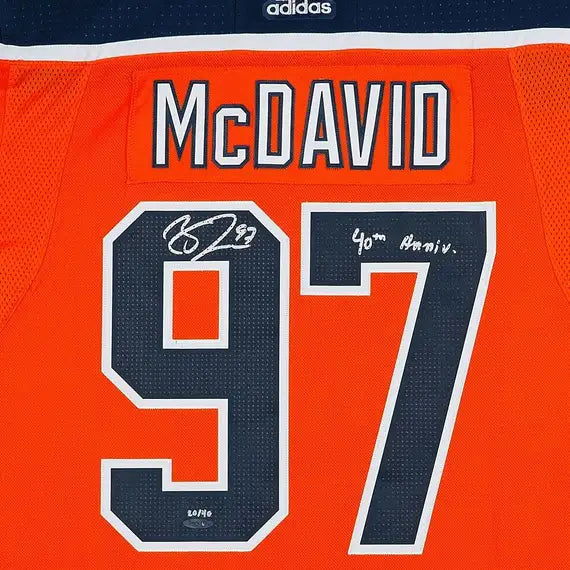 Collectible Merchandise Upper Deck Authenticated - Connor McDavid Autographed & Inscribed Edmonton Oilers Authentic Orange Jersey with 40th Anniversary Shoulder Patch - Cardboard Memories Inc.