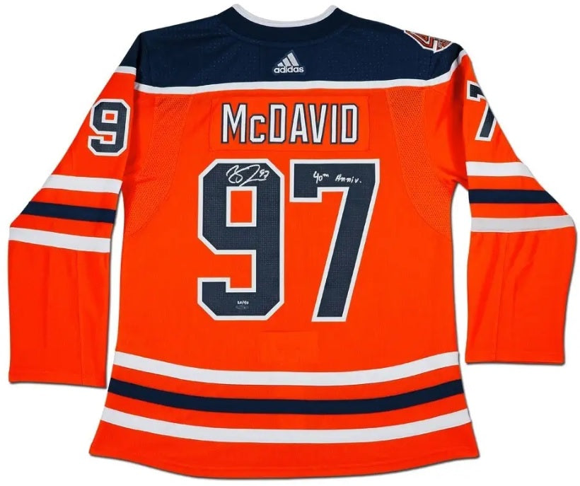 Collectible Merchandise Upper Deck Authenticated - Connor McDavid Autographed & Inscribed Edmonton Oilers Authentic Orange Jersey with 40th Anniversary Shoulder Patch - Cardboard Memories Inc.