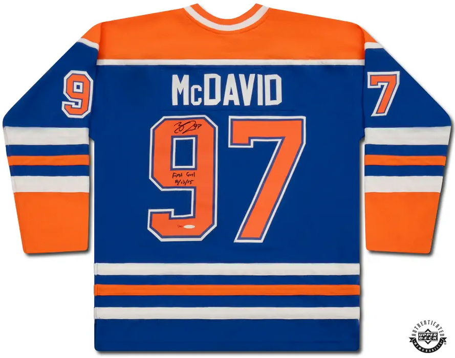 Collectible Merchandise Upper Deck Authenticated - Connor McDavid Autographed & Inscribed "First Goal 10/13/15" Blue Mitchell & Ness Edmonton Oilers 2015 Alternate Authentic Jersey - Cardboard Memories Inc.