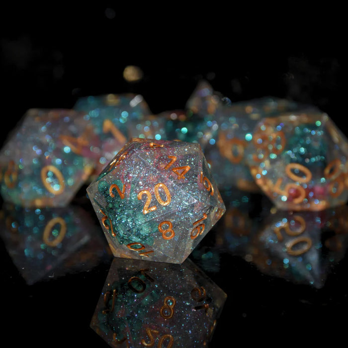 Merchant Guild House - Dice - Mythical Luminous Petal - Sharp Edge Resin - Cardboard Memories Inc.