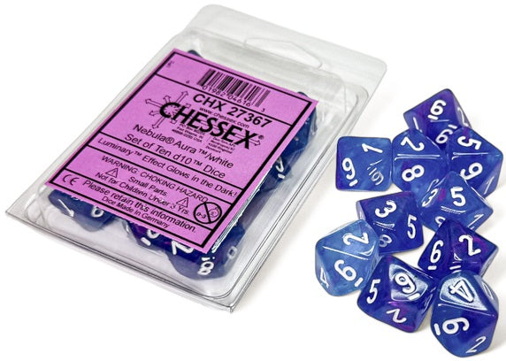 Dice Chessex Dice - Luminary Nebula Aura with White - Set of 10 D10 - CHX 27367 - Cardboard Memories Inc.