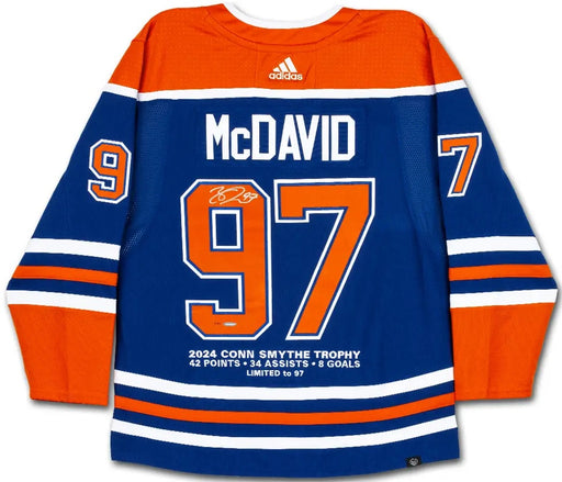 Collectible Merchandise Upper Deck Authenticated - Connor McDavid Autographed 2023-24 Edmonton Oilers Stanley Cup Final Patch with Conn Smythe Postseason Embroidery Blue Authentic Adidas Jersey - Cardboard Memories Inc.
