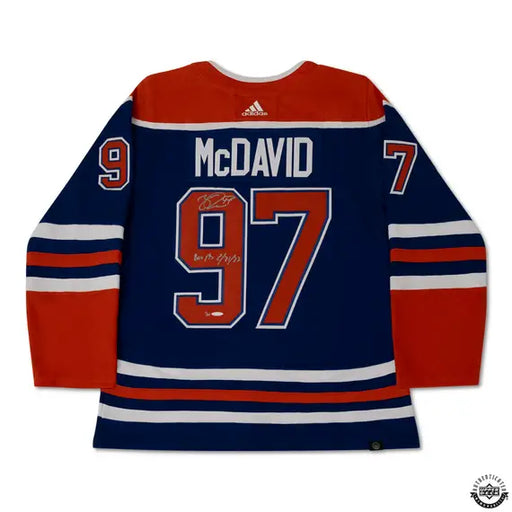 Collectible Merchandise Upper Deck Authenticated - Connor McDavid Autographed & Inscribed "800 PTS 2/21/23" Royal Blue Adidas Edmonton Oilers Jersey - Cardboard Memories Inc.