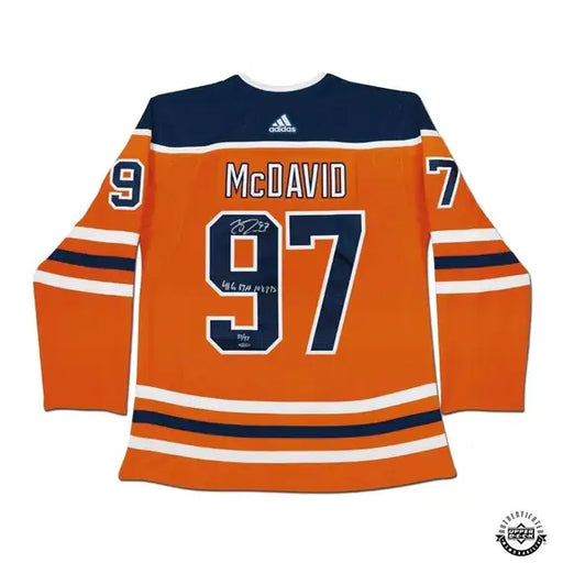 Collectible Merchandise Upper Deck Authenticated - Connor McDavid Autographed & Inscribed “41 G, 67 A, 108 Pts” Edmonton Oilers Orange Adidas Authentic Jersey - Cardboard Memories Inc.