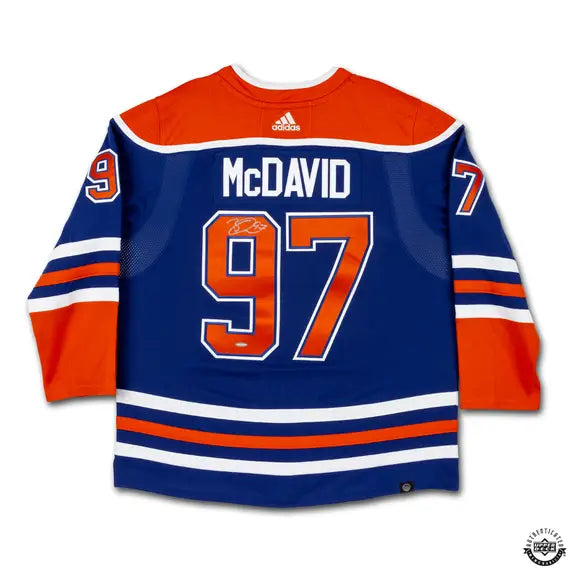 Collectible Merchandise Upper Deck Authenticated - Connor McDavid Autographed 2023-24 Edmonton Oilers Stanley Cup Final Patch Blue Authentic Adidas Jersey - Cardboard Memories Inc.