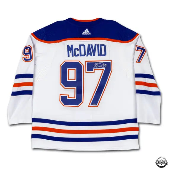 Collectible Merchandise Upper Deck Authenticated - Connor McDavid Autographed 2023-24 Edmonton Oilers Stanley Cup Final Patch White Authentic Adidas Jersey - Cardboard Memories Inc.