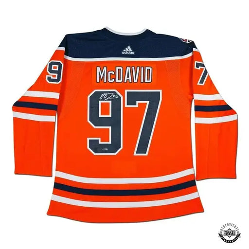 Collectible Merchandise Upper Deck Authenticated - Connor McDavid Autographed Edmonton Oilers Authentic Orange Jersey with 40th Anniversary Shoulder Patch - Cardboard Memories Inc.