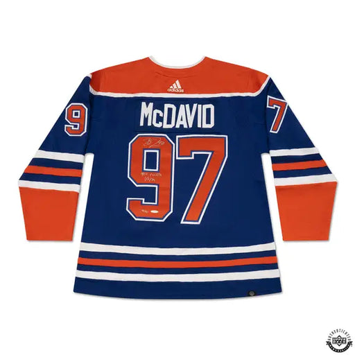 Collectible Merchandise Upper Deck Authenticated - Connor McDavid Autographed & Inscribed “900 Points 1/2/24” Blue Adidas Edmonton Oilers Jersey - Cardboard Memories Inc.