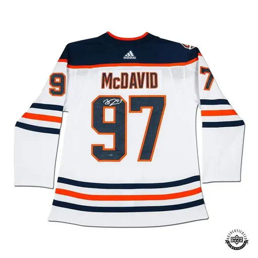 Collectible Merchandise Upper Deck Authenticated - Connor McDavid Autographed Edmonton Oilers Authentic White Jersey with 40th Anniversary Shoulder Patch - Cardboard Memories Inc.