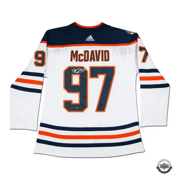 Collectible Merchandise Upper Deck Authenticated - Connor McDavid Autographed Edmonton Oilers Authentic White Jersey with 40th Anniversary Shoulder Patch - Cardboard Memories Inc.