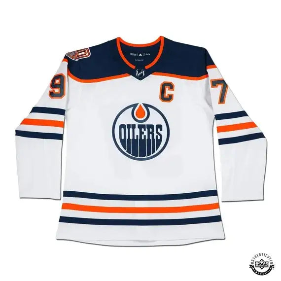 Collectible Merchandise Upper Deck Authenticated - Connor McDavid Autographed Edmonton Oilers Authentic White Jersey with 40th Anniversary Shoulder Patch - Cardboard Memories Inc.