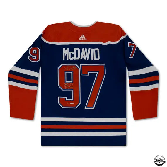 Collectible Merchandise Upper Deck Authenticated - Connor McDavid Autographed & Inscribed "300th Goal" Blue Adidas Edmonton Oilers Jersey - Cardboard Memories Inc.