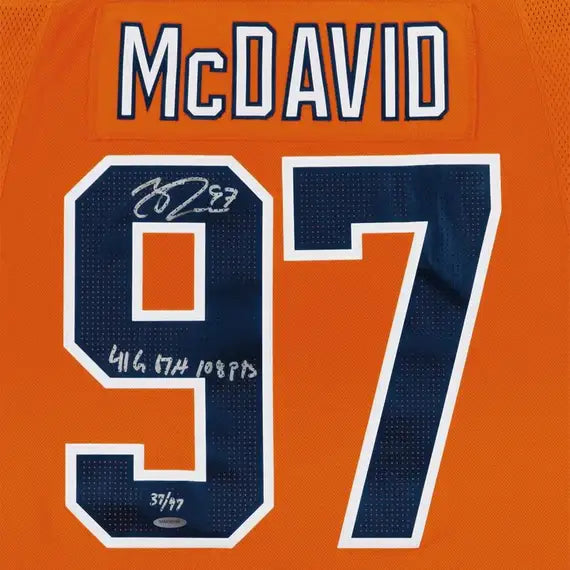 Collectible Merchandise Upper Deck Authenticated - Connor McDavid Autographed & Inscribed “41 G, 67 A, 108 Pts” Edmonton Oilers Orange Adidas Authentic Jersey - Cardboard Memories Inc.