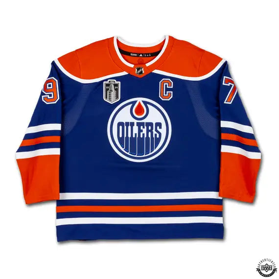 Collectible Merchandise Upper Deck Authenticated - Connor McDavid Autographed 2023-24 Edmonton Oilers Stanley Cup Final Patch Blue Authentic Adidas Jersey - Cardboard Memories Inc.