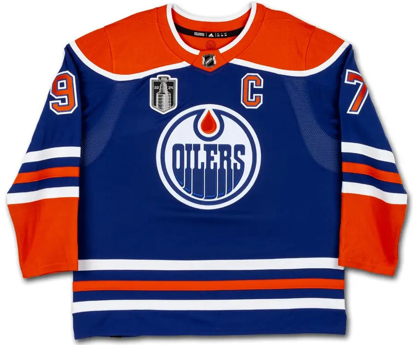 Collectible Merchandise Upper Deck Authenticated - Connor McDavid Autographed 2023-24 Edmonton Oilers Stanley Cup Final Patch with Conn Smythe Postseason Embroidery Blue Authentic Adidas Jersey - Cardboard Memories Inc.