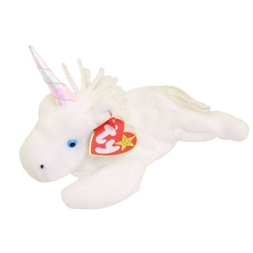 Plush TY Beanie Baby - Mystic the Unicorn (Iridescent horn & yarn mane) - Cardboard Memories Inc.