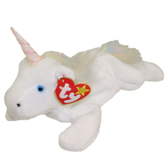 Plush TY Beanie Baby - Mystic the Unicorn (Iridescent horn & rainbow furry mane) - Cardboard Memories Inc.