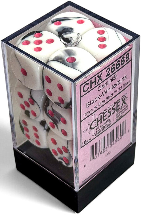 Dice Chessex Dice - Gemini Black-White with Pink - Set of 12 D6 - CHX 26669 - Cardboard Memories Inc.