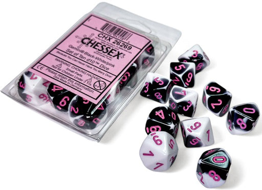 Dice Chessex Dice - Gemini Black-White with Pink - Set of 10 D10 - CHX 26269 - Cardboard Memories Inc.