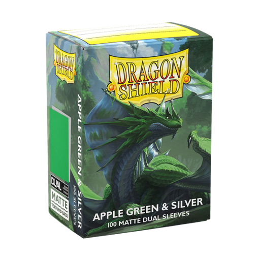 Supplies Arcane Tinmen - Dragon Shield Dual Matte Sleeves - Standard Size - Apple Green and Silver - Package of 100 - Available February 13th 2026 - Cardboard Memories Inc.