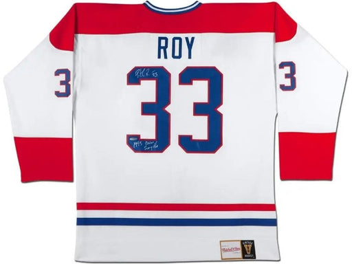  Upper Deck - Authenticated - Patrick Roy Autographed Inscribed White Mitchel and Ness Montreal Vintage Canadiens Jersey - 89558 - ORDER VIA EMAIL ONLY - Cardboard Memories Inc.
