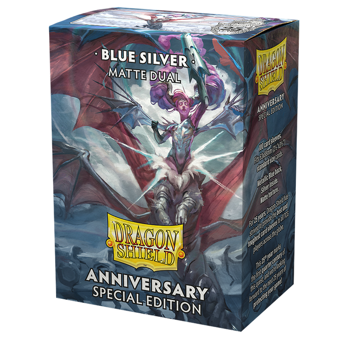 Supplies Arcane Tinmen - Dragon Shield Dual Sleeves - Standard Size - Matte - Anniversary Special Edition - Blue and Silver - Package of 100 - Cardboard Memories Inc.