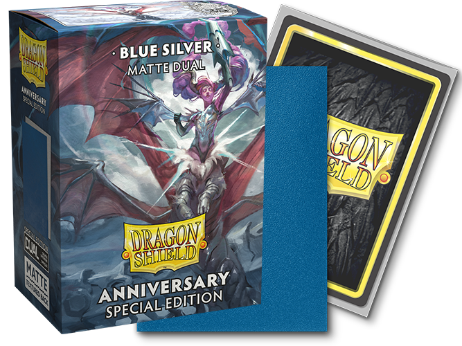 Supplies Arcane Tinmen - Dragon Shield Dual Sleeves - Standard Size - Matte - Anniversary Special Edition - Blue and Silver - Package of 100 - Cardboard Memories Inc.