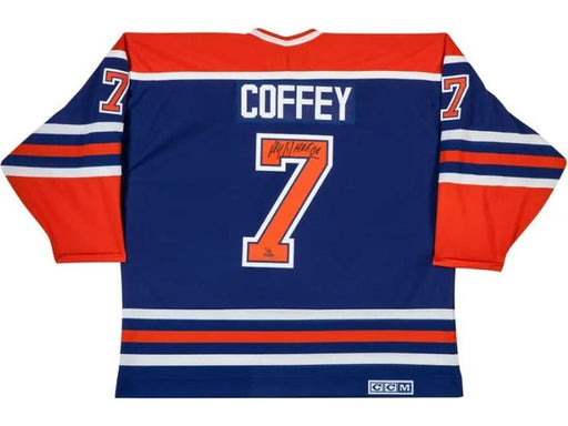  Upper Deck - Authenticated - Paul Coffey Autographed and Inscribed Edmonton Oilers Blue Jersey - ORDER VIA EMAIL ONLY - Cardboard Memories Inc.