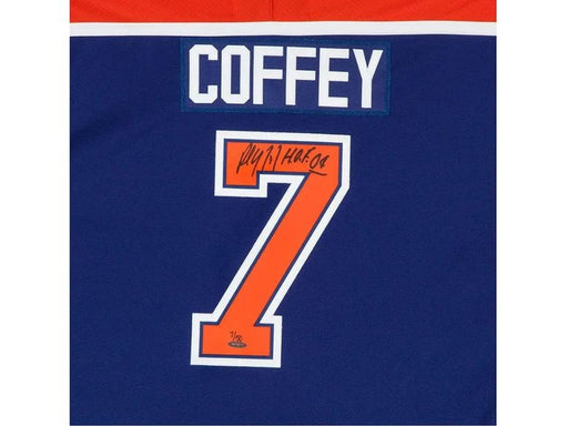  Upper Deck - Authenticated - Paul Coffey Autographed and Inscribed Edmonton Oilers Blue Jersey - ORDER VIA EMAIL ONLY - Cardboard Memories Inc.